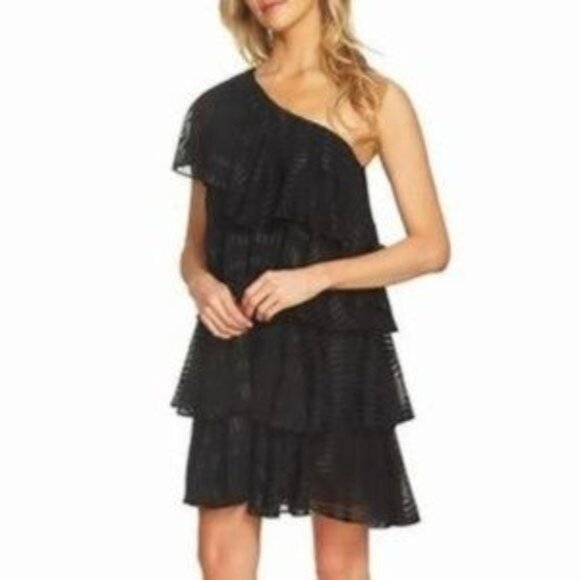 CeCe Cynthia Steffe Flowy One Shoulder Black Tiered Ruffled Party Dress Size 10 - Picture 1 of 16